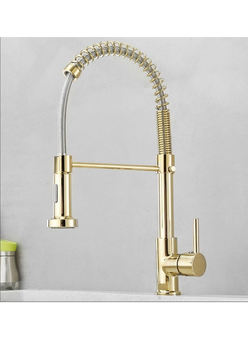 Faucet 360° Rotatable Kitchen Mixer Taps Kitchen Faucet with 2 Spray Types Extendable Spiral Spring Faucet Kitchen Sink Faucet Dishwasher Rotatable Golden - Image 1